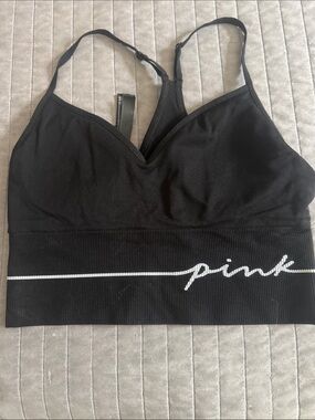 PINK Victoria's Secret Black Seamless Longline Sports Bra with White Logo